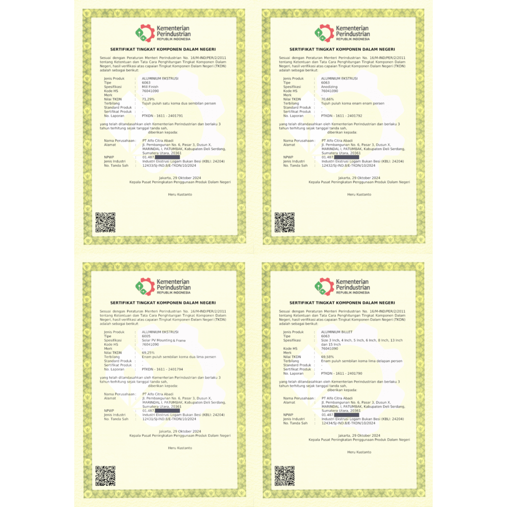 TKDN Certificate for Aluminum Extrusion Industry